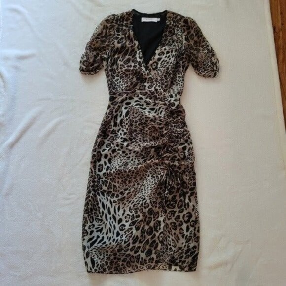 ASTR The Label Short Sleeve Ruched Midi Dress Leopard Print Size XS - Picture 4 of 12